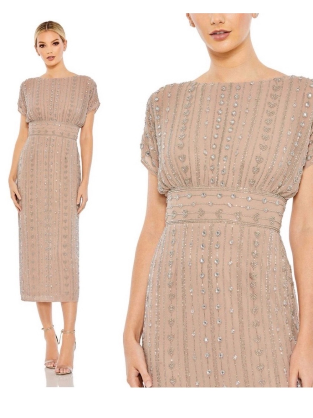 NWT Mac Duggal beaded cap sleeve midi dress in dark mocha 93649 size 14